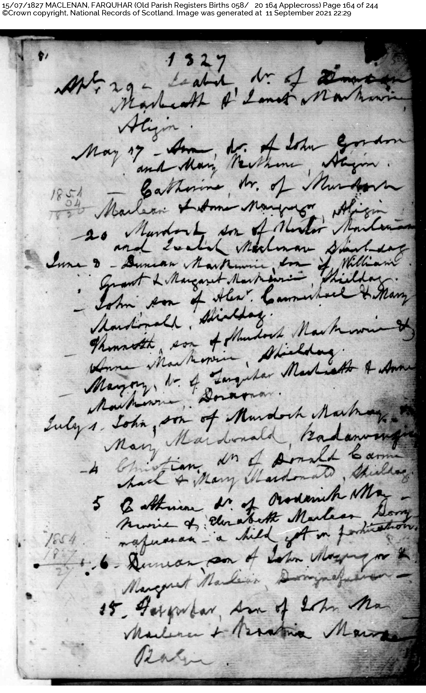 Photo of photos/Murdoch MacLenan Birth Cert. 1827 Applecross, Ross and Cromarty
